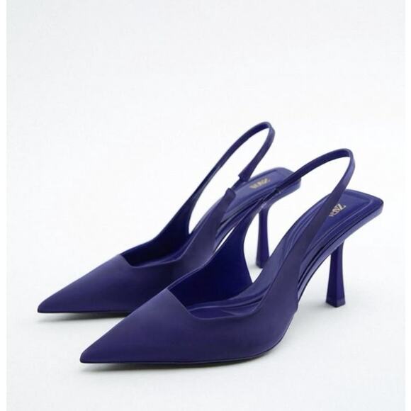 ZARA Slingback Pointed Heels Indigo Blue Purple Vinyl Material Sz 36 / 6 - Picture 1 of 8